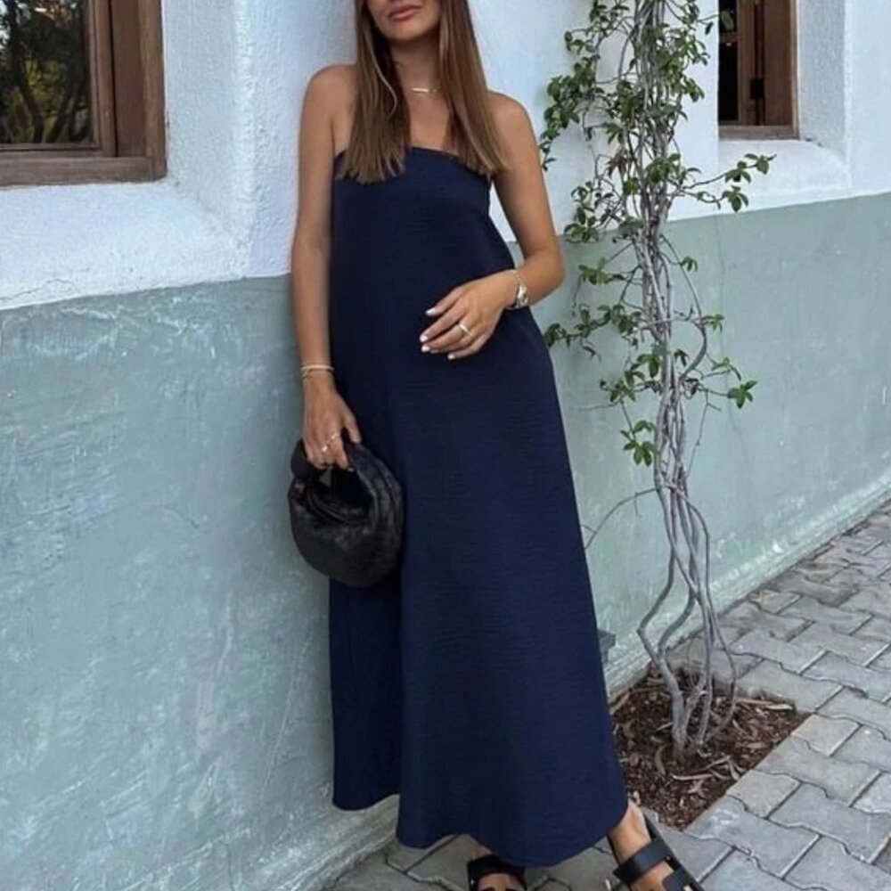 ZARA Navy strapless dress blogger favorite